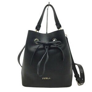 Furla Shoulder Bag Handbag Drawstring Leather Black